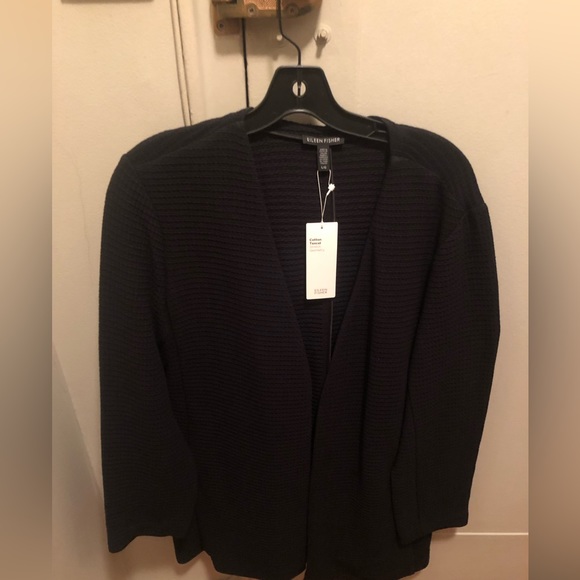 NWT Eileen Fisher black cotton tencel geometric print button less jacket